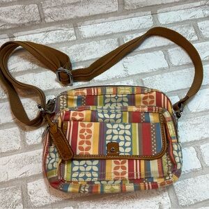 Fossil Striped Canvas Crossbody Shoulder Bag Purse Brown Leather Trim Key